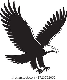 Der majestätische Glatzenadler schwingt sich mit ausgestreckten Flügeln und scharfen Talons durch die Luft, seine Silhouette ist stark auf weißem Hintergrund und symbolisiert Freiheit und Stärke.