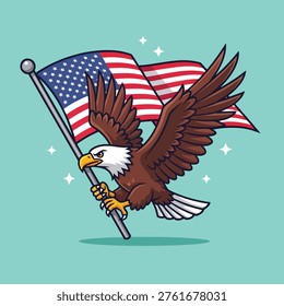A majestic bald eagle soars through the sky, proudly carrying the American flag, symbolizing freedom and patriotism.