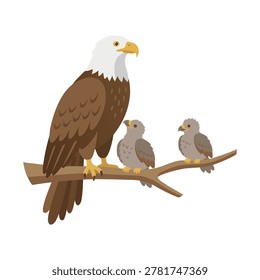 A majestic bald eagle with its two chicks sits on a sturdy tree branch, showcasing a heartwarming family scene in nature.