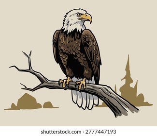 A majestic bald eagle with a white head and brown feathers is perched on a leafless tree branch.