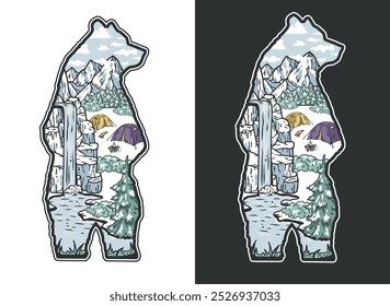 Majestic bear silhouette in a serene winter camping scene with a frozen waterfall, snow covered mountains, and cozy tents in a snowy forest