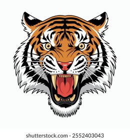 Majestuoso tigre de Bengala sobre blanco. Obra de arte de Vector vívido de la cabeza de un tigre rugiente, mostrando piel detallada y expresión feroz. tigre enojado, cara, Vector, tatuaje