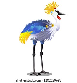 Majestic bird crown crane with headdress or Balearica pavonina isolated on white background. Vector cartoon close-up illustration.