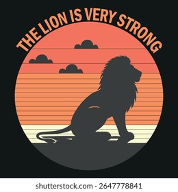 A majestic black lion silhouette sits proudly against a vibrant retro sunset, symbolizing strength, power, and timeless wilderness beauty.