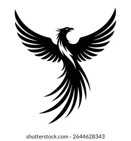 Majestic black phoenix bird in flight wings spread.