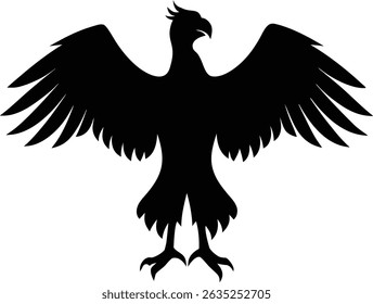 A majestic black silhouette of an eagle with wings outstretched, standing proudly.  Perfect for logos, emblems, or designs needing a powerful, symbolic image.