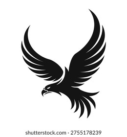 majestic black silhouette of a soaring eagle with wide spread wings isolated on white background full body powerful raptor in dramatic flight pose perfect for freedom patriotic military sport mascot tattoo and logo designs