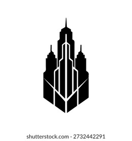 Majestic Black Skyscraper Cityscape Ilustração vetorial em estilo Art Déco com linhas geométricas para projetos de arquitetura urbana