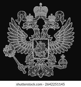 A majestic black and white double-headed eagle with a crown, symbolizing the Russian Federation, stands proudly against a dark background. Its wings are spread wide, and its head is held high,.
