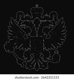 A majestic black and white double-headed eagle with a crown, symbolizing the Russian coat of arms, stands proudly against a deep black background.