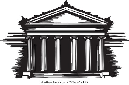 Majestic black and white illustration of a classical greek temple with tall columns and triangular pediment