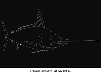 A majestic black and white sailfish with a long, slender body and pointed fins swims gracefully on a dark background. Intricate scales and wide, expressive eyes highlight its striking presence.