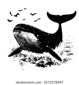 majestic black and white vector illustration of a whale breaching the ocean, surrounded by birds, showcasing motion and natural beauty in an artistic design