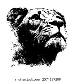 majestic black and white vector portrait of a lioness, emphasizing her powerful presence and regal beauty with bold textures and precise detailing