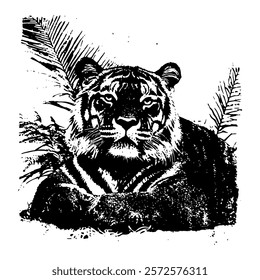 majestic black and white vector of a tiger resting amidst tropical foliage, crafted with intricate textures and bold shading for an exotic and powerful wildlife theme