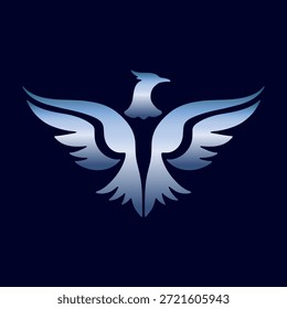 Um majestoso logotipo azul e prata fênix ou águia com asas espalhadas em um fundo escuro