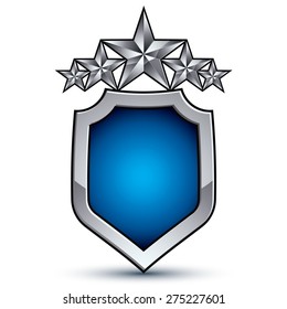 Majestic blue vector emblem with five silver decorative pentagonal stars, 3d royal conceptual design element, clear eps8. Shiny coat of arms isolated on white background. Heraldic escutcheon. 