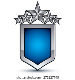 Majestic blue vector emblem with five silver decorative pentagonal stars, 3d royal conceptual design element, clear eps8. Shiny coat of arms isolated on white background. Heraldic escutcheon. 