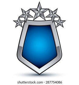 Majestic blue vector emblem with five silver decorative pentagonal stars, 3d royal conceptual design element, clear eps8. Shiny coat of arms isolated on white background. Heraldic escutcheon. 