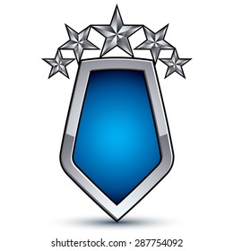 Majestic blue vector emblem with five silver decorative pentagonal stars, 3d royal conceptual design element, clear eps8. Shiny coat of arms isolated on white background. Heraldic escutcheon. 