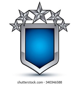 Majestic blue vector emblem with five silver decorative pentagonal stars, 3d royal conceptual design element, clear eps8. Shiny coat of arms isolated on white background. Heraldic escutcheon.