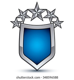 Majestic blue vector emblem with five silver decorative pentagonal stars, 3d royal conceptual design element, clear eps8. Shiny coat of arms isolated on white background. Heraldic escutcheon.