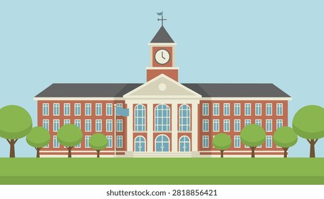 Majestic brick school or university building features a tall clock tower, tidy green lawn, and symmetrical trees.