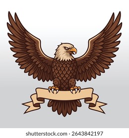 Majestic brown bald eagle with outstretched wings perched above a customizable blank ribbon banner, perfect for logos, emblems, and vintage-inspired designs symbolizing strength and tradition