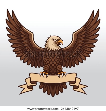 Majestic brown bald eagle with outstretched wings perched above a customizable blank ribbon banner, perfect for logos, emblems, and vintage-inspired designs symbolizing strength and tradition