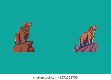 Majestic brown bear on a rocky cliff at sunset, detailed vector artwork.