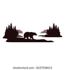 A majestic brown bear peacefully walks along a scenic riverbank, surrounded by lush forest hills. wildlife nature animal walking landscape outdoor woods water trees mountain summer spring environment