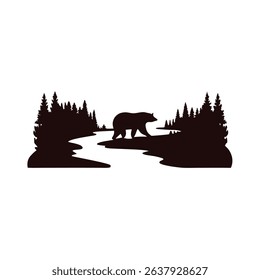 A majestic brown bear strolls along a pristine riverbank, surrounded by lush forest hills. wildlife nature animal landscape photography scenic outdoor woods wild mammal walking trees green water