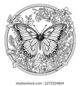 A majestic Butterfly illustration in a stylish composition. Adult coloring book pages made freehand with doodle and zentangle elements., Vector  illustration