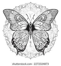 A majestic Butterfly illustration in a stylish composition. Adult coloring book pages made freehand with doodle and zentangle elements., Vector  illustration