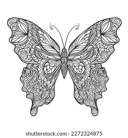 Una majestuosa ilustración de la mariposa en una composición elegante. Páginas de libros de coloreo para adultos realizadas a mano libre con elementos doodle y zentangle., Ilustración vectorial