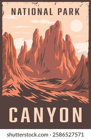 Majestic canyon with towering rock formations under a vibrant sky. Sunlight casts warm hues on the landscape creating a serene atmosphere in the national park.