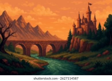 A majestic castle by a river at sunset, with a large stone bridge crossing the flowing water under an orange sky.