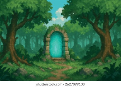 Majestic castle ruins on a cliff overlooking a mountain lake, perfect pixel art fantasy background for 2D 