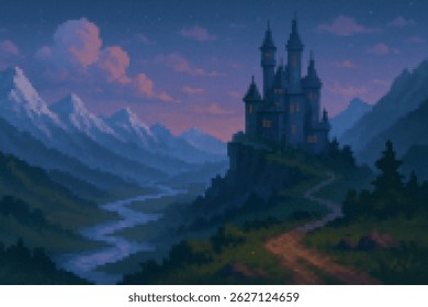 A majestic castle stands on a cliff above a winding river, with snowy mountain peaks in the distance under a starry sky.