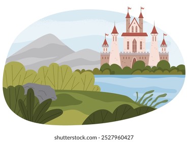 Un majestuoso castillo con altas torres y azoteas rojas se encuentra junto a un tranquilo lago, rodeado de exuberante vegetación y distantes montañas. Ideal para cuentos de hadas, cuentos de fantasía, libros para niños, mágico