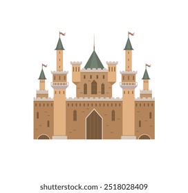 Majestuoso castillo con torres y banderas se alza con orgullo. Ideal para temas de aventura, cuentos de hadas, historia, fantasía y tiempos medievales. Diseño plano con tonos terrosos y techos verdes