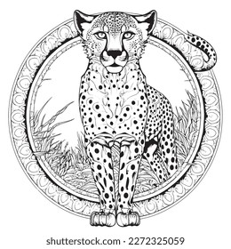 A majestic Cheetah illustration in a stylish composition. Adult coloring book pages made freehand with doodle and zentangle elements., Vector  illustration