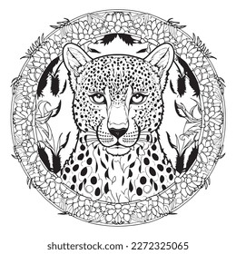 Eine majestätische Cheetah-Illustration in einer stilvollen Komposition. Malbuchseiten für Erwachsene aus Freehand mit Doodle- und Zentangle-Elementen, Vektorgrafik