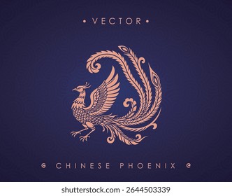 Majestic Chinese Phoenix with Sweeping Tail and Detailed Wings