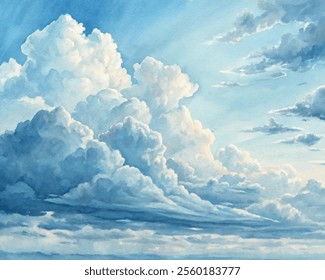 Majestic clouds drift across a bright sky, creating a beautiful watercolor landscape full of depth and atmosphere.