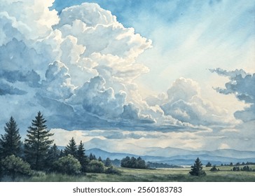 Majestic clouds drift over a serene landscape, capturing the tranquility of nature in watercolor.