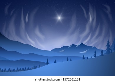 Majestic clouds with the full moon in a starry sky over the mountain valley. Christmas winter night. Vector illustration.
