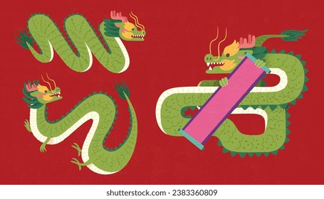 Majestic CNY dragons isolated on vibrant red background. One with scroll, the others in zigzag shape.