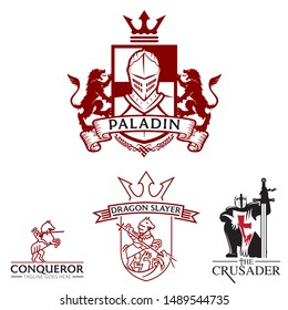A majestic collection of vector logo templates featuring medieval knights and paladin warriors. This set includes detailed heraldic crests with rampant lions, noble knights in full armor, a dynamic dragon slayer illustration, and a kneeling crusader with a sword. Perfect for security firms, historical gaming clans, luxury automotive brands, knight-themed festivals, team mascots, and premium corporate emblems.