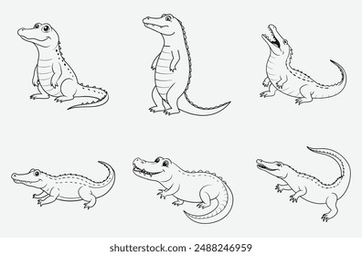 Majestic Crocodile Line Art Set Vector, Intricate Designs for Creative Projects